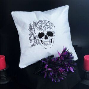 HALLOWEEN Skull and Flowers Gothic Black and White Throw Pillow HANDMADE